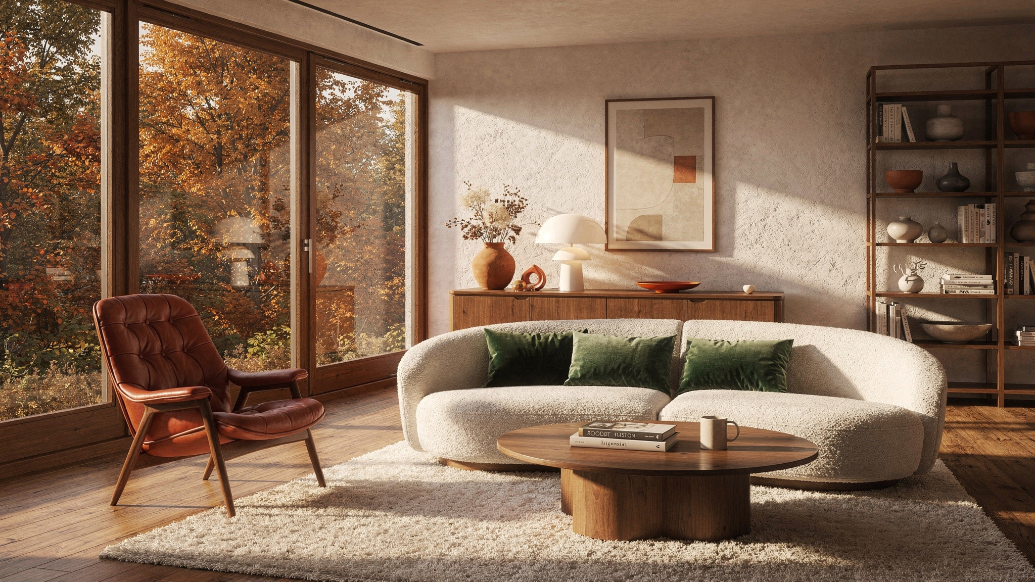 A real Copenhagen living room — tan leather sofa, oak herringbone floor, layered wool throws, low-hung pendant lamp and candles on the coffee table