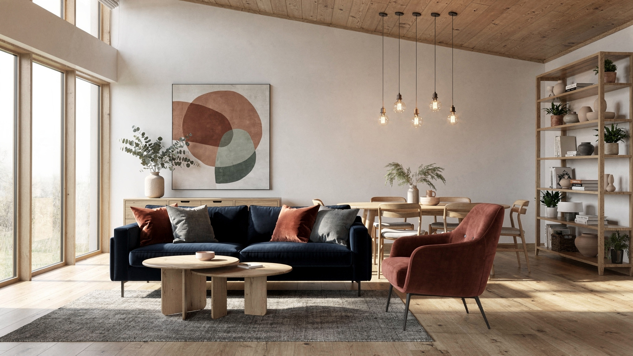 A shelf of well-worn books, a ceramic vase and a wooden clock in a bright Nordic room — each object functional, nothing purely decorative