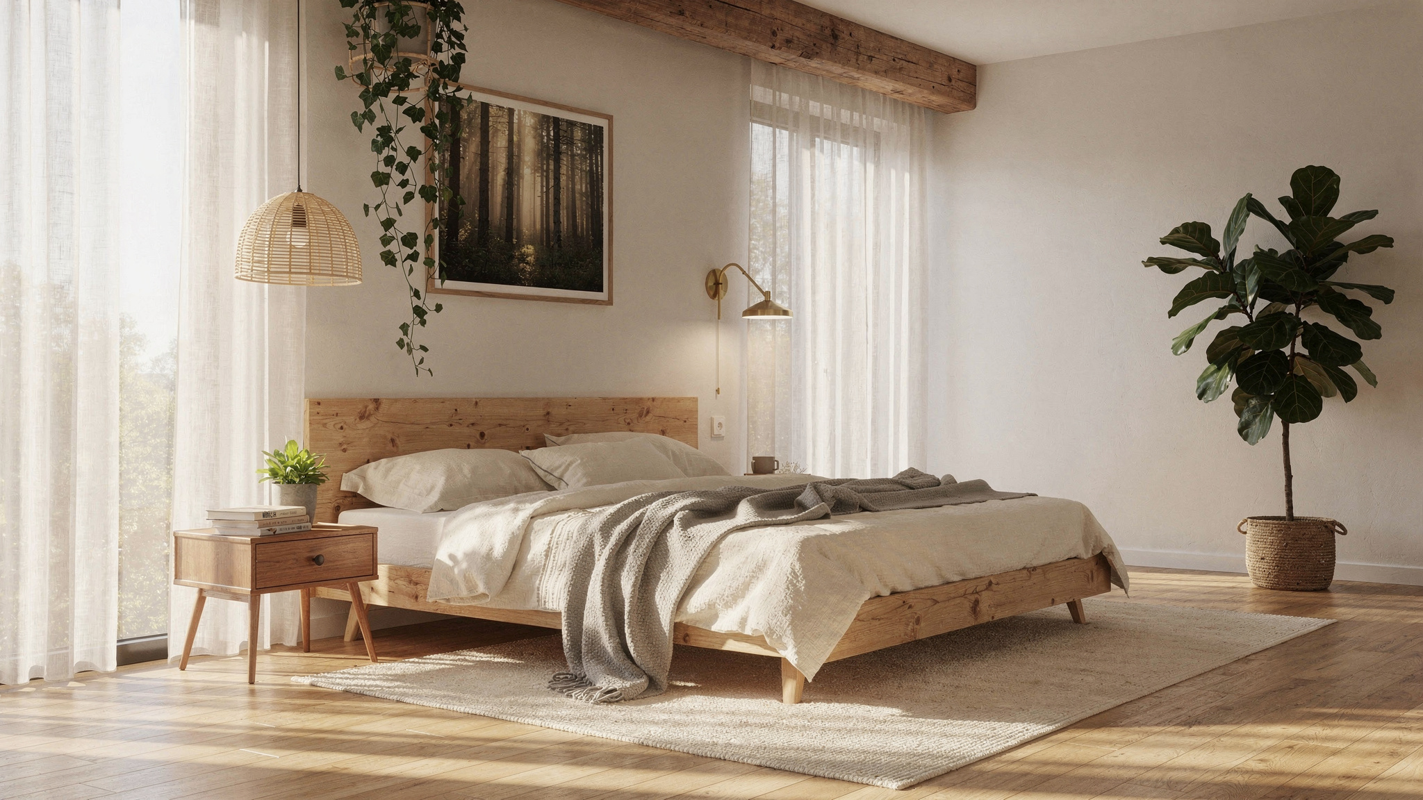 A Scandinavian bedroom with sage green walls, undyed linen bedding, a solid ash bed frame and a single terracotta pot on the windowsill