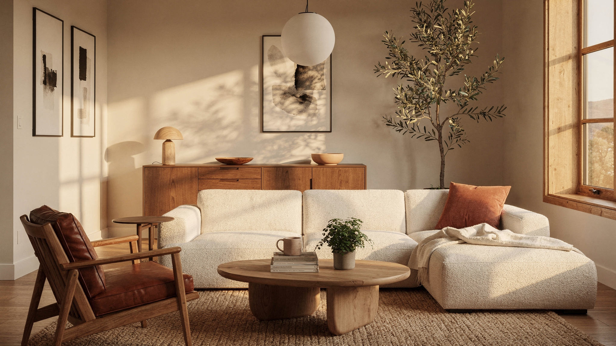 A warm Scandinavian living room with a tan leather sofa, oak floor, wool throw and a single pendant lamp