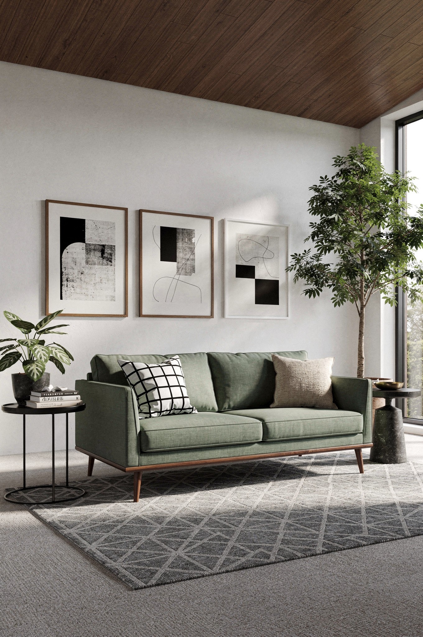 A considered living room with a well-proportioned sofa, side table and cushions in warm natural light