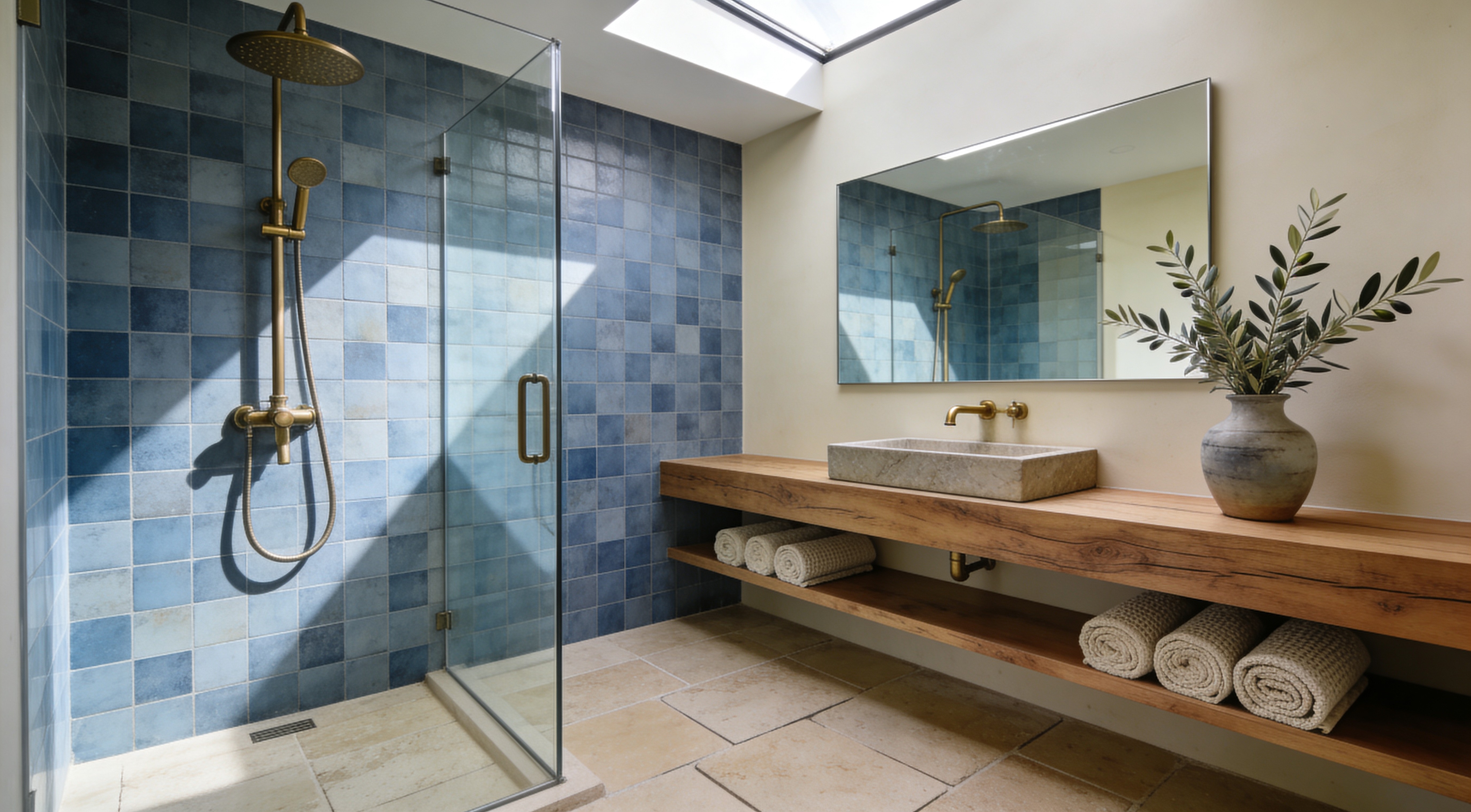 Your shower alcove with zellige tiles installed floor to ceiling — brass rainfall head, stone soap dish