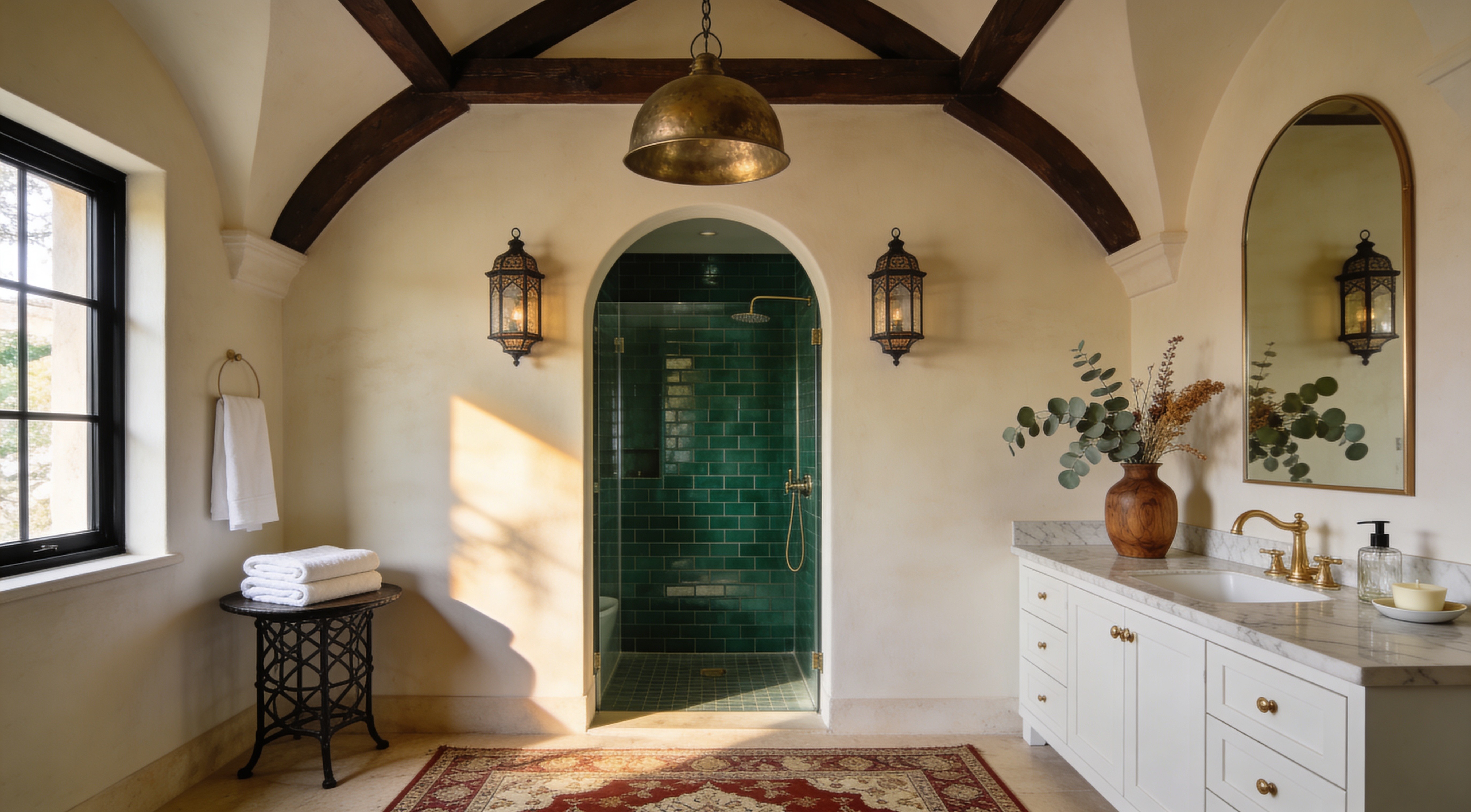 Your bathroom with zellige tiles catching light on an uneven hand-glazed surface