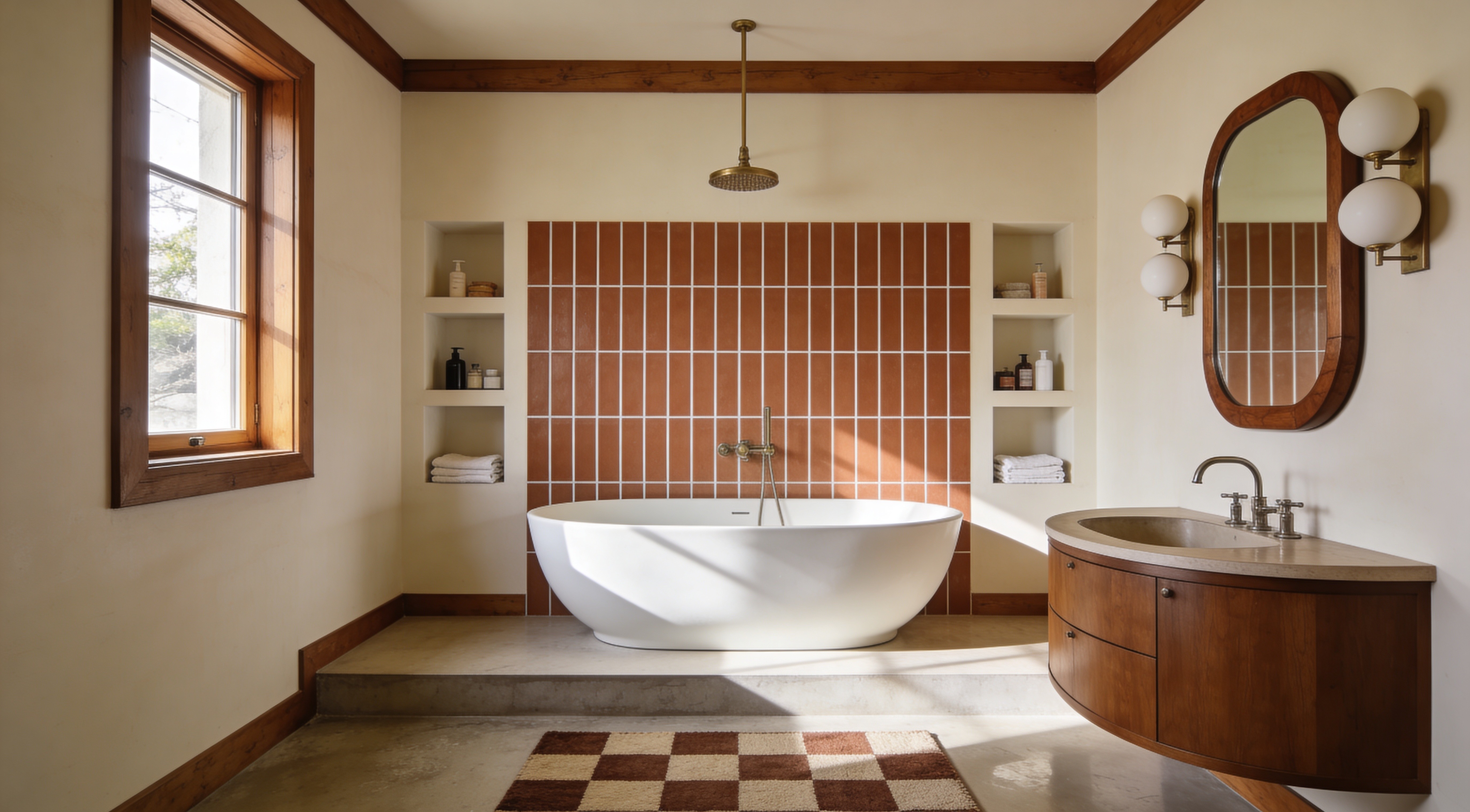 Your terracotta zellige shower — warm earthy glaze with sand-toned grout and bronze fixtures